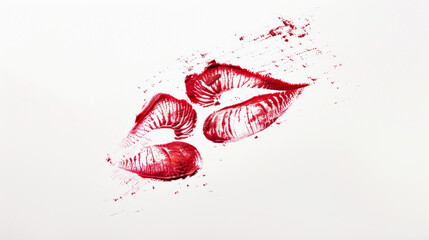Dynamic red lipstick kiss mark on a white background - obrazy, fototapety, plakaty
