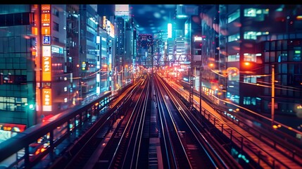 Fototapeta na wymiar Cyberpunk Kawaii Train Tracks at Night in Futuristic Cityscape, To provide a visually striking