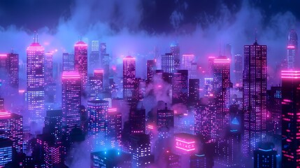 Ethereal Neon City Nightscape, To convey a sense of modernity, innovation, and bright future in an urban setting with a touch of dreamy and surreal