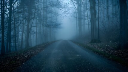Foggy Blue Toned Path Through a Dark Woodland, To convey a sense of mystery and adventure through a dark and misty woodland path