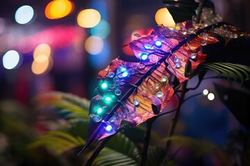 Naklejka premium Carnival Nights: Leaf with bokeh lights from a distant carnival, creating a joyful and vibrant scene.