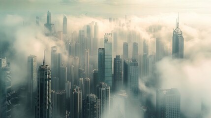 Fototapeta na wymiar Cityscape with skyscrapers in the fog. Tall buildings, skyline, downtown, city lights, architecture, modern cityscape, metropolis, panoramic view, bustling city. Generated by AI