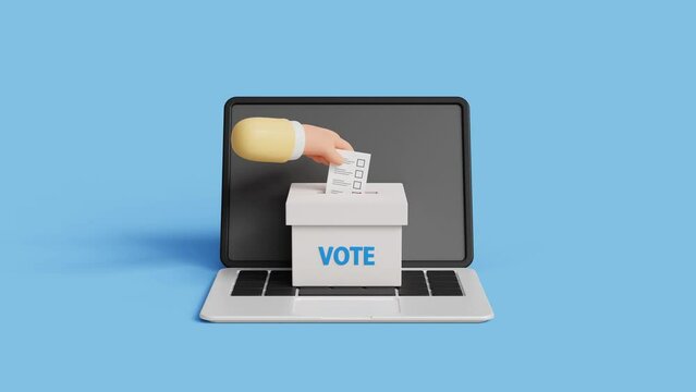 Modern electronic voting system for election. Voting online and elections and democratic voting concept. 3D hands putting voting paper in the ballot box on a laptop. 4k 3d loop animation
