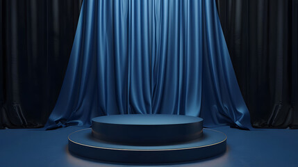 Stage podium with blue curtain - obrazy, fototapety, plakaty