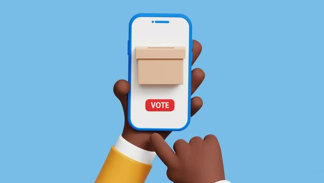 Modern electronic voting system for election. 3D African American hand holding smartphone with voting app on the screen. Voting online, e-voting, election internet system concept. 4k 3d loop animation