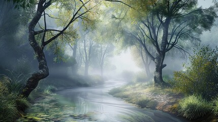 Swamp landscape in the fog. Mysticism, trees, forest, humidity, quagmire, quicksand, reeds, nature reserve, mystery, silence, darkness, greenery. Generated by AI - obrazy, fototapety, plakaty