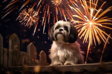 
Photo of a Shih Tzu sitting in a secluded spot with drooped ears and a tense gaze, visibly frightened by the booming fireworks - obrazy, fototapety, plakaty