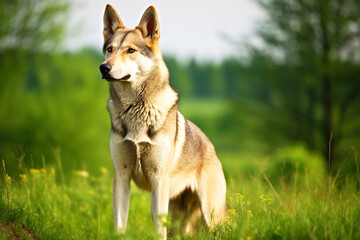 Naklejka na ściany i meble Purebred beautiful breed of dog Czechoslovakian Wolfdog, background nature.