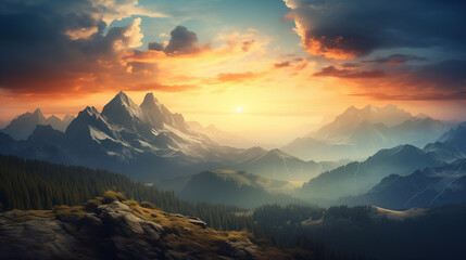Mountains during sunset. Beautiful natural landscape in the spring time. Scenic image of mountains during sunset. Amazing nature scenery. travel, adventure, concept image. Stunning natural background.