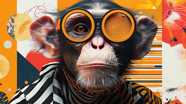 Stylish monkey with colorful abstract background: whimsical illustration of a monkey wearing glasses against a vibrant abstract backdrop