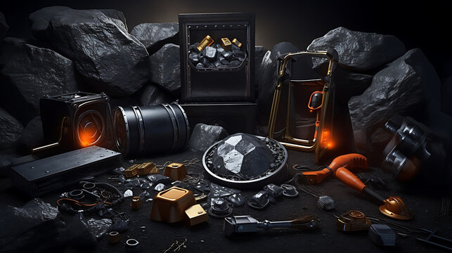 Miners equipment on black stones background