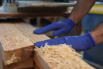 Professional carpenter working with wood in shop, closeup