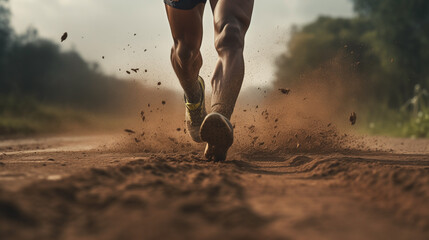 water splashes from under its running shoes men athlete running marathon. Trail running athlete...