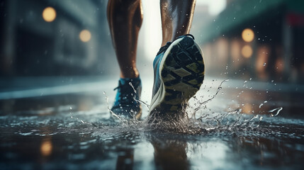 water splashes from under its running shoes men athlete running marathon. Trail running athlete crossing the dirty puddle in the forest