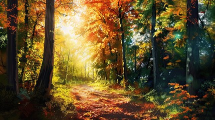 Autumn forest landscape. Foliage, rays, melancholy, sun, light, harvest, mushrooms, yellow, red, fallen leaves, fog, coolness, rain, smell, pine cones, animals. Generated by AI