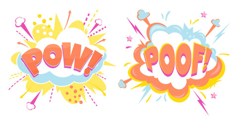 Set of vector speech bubbles - pow, poof. Cartoon colorful explosions.