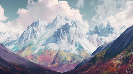 Snow-capped mountain peaks. Canyon, resort, winter, skiing, grotto, cape, abyss, depth, ravine, echo, cliff, river. Generated by AI