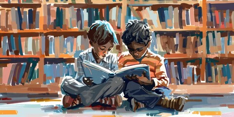 student Reading Together in a Library