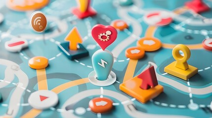 A close-up of a map with a colorful pushpin on it.