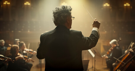 orchestra conductor with a baton leading an orchestra in a classical music concert - classical music and symphony orchestra concept - obrazy, fototapety, plakaty