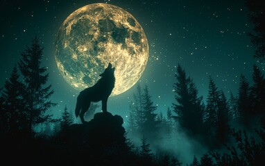 An artistic image of a wild wolf howling before a mystical oversized full moon amidst a starry pine forest night