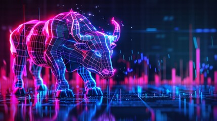 trading with angry bull on stock chart pattern, mode futuristic, color neon glow