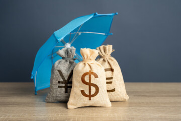 Money bags of world currencies under an umbrella. Capital security, funds insurance. Safety of...