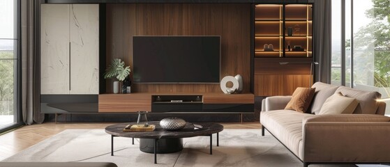Wooden cabinet by glass door and television near sofa with coffee table in modern living room