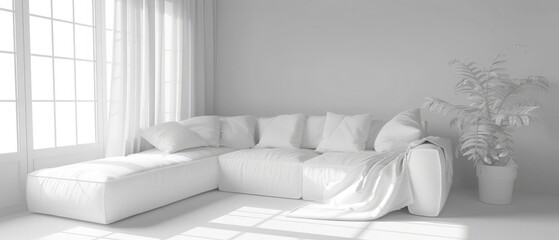 white room with sofa. Living room interior. Scandinavian interior. 3d illustration