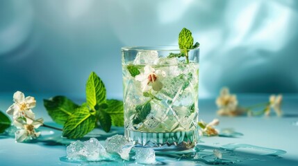 Transparent glass of fresh cocktail with mint leaves and flowers placed on surface against blue background 