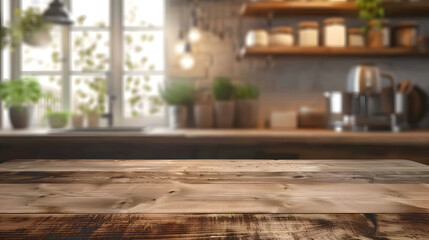 Empty wooden table in front of blurred kitchen background for product display montage