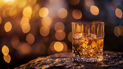 Whiskey on the rock on bokeh background 