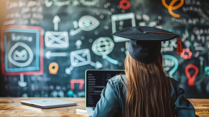 A graduate in cap and gown focused on a laptop screen, symbolizing the intersection of education and technology.