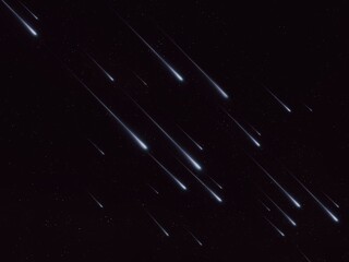 Meteorites in the night sky, spectacular meteor stream. Falling stars. Bright fireballs burn up in the atmosphere.