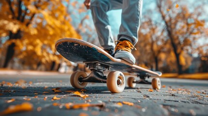 A skateboarder's feet executing a trick on a board during a sunny autumn day, with fallen leaves around. - obrazy, fototapety, plakaty