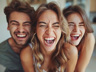 Fototapeta premium Three young friends sharing a spontaneous moment of laughter, capturing the essence of joy and friendship.
