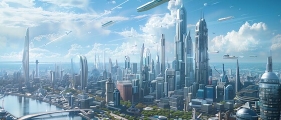 A Futuristic Cityscape with AI Integration: An artistic rendering of a futuristic city skyline with AI-powered technologies seamlessly integrated into daily life, such as autonomous vehicles