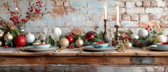 Xmas Wooden Dinner Table Decorated Candlestick. Decorative Christmas Tree Branch Ornamented Berries and White Balls, Glasses, Plates and Fruit. Grunge Brick Wall and Sparkle Garland on Background