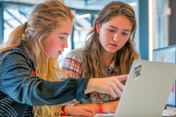 Two young girls study together with the help of a laptop