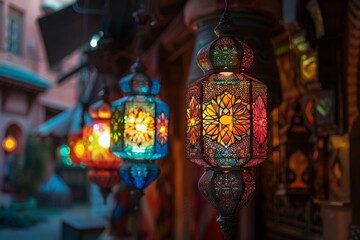 Illuminated colored Arab lanterns hanging in a street