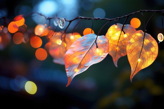 Enchanted Garden: Leaf with bokeh lights in a garden with fairy lights, giving a touch of enchantment.