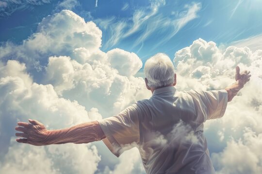 Older gentleman excitedly reaching for the sky