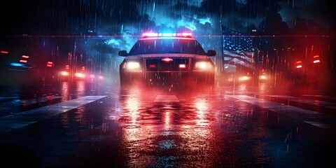 An American flag waving at a somber crime scene in the rain. Concept Cinematic Scene, National Tragedy, Patriotic Symbolism, Dramatic Weather