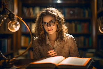 Female young teacher reading a book in the library.