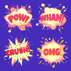 Set of vector speech bubbles - pow, poof, crush, yeah. Cartoon colorful explosions on halftone background
