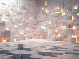 Abstract geometric white bright 3d texture wall with squares and square cubes background banner illustration with beautiful glowing lights, textured wallpaper, Generative AI 