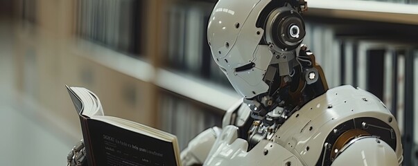 A Humanoid Robot Learning: An image of a humanoid robot engaged in a learning process, perhaps reading a book or analyzing data, showcasing the ability of AI systems to acquire knowledge and adapt