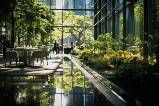 Corporate luxury modern interior. Business open space. Hotel lobby. Business modern glass company office building. High glass walls. Green interior with many plants