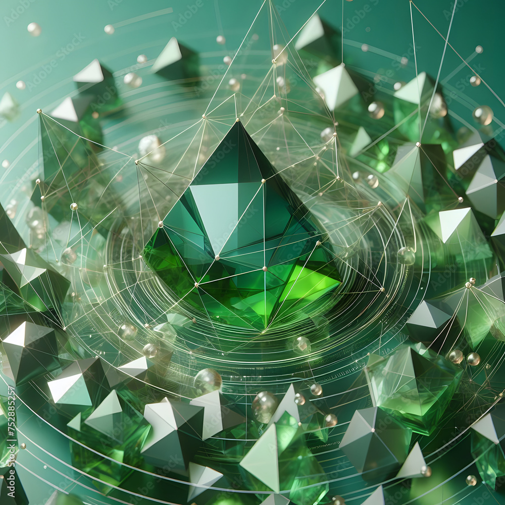 Poster 3d render of crystal sphere with green polygonal crystals on dark background generative ai