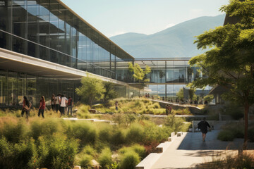 Modern university buildings. Futuristic school. Modern academy. College campus. Glass buildings. Eco-friendly university with green park. Business center